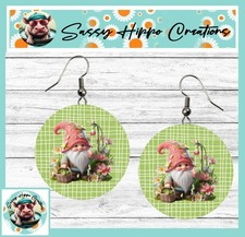 Earrings Round Silver Hook Backs Pink Gnome Spring Flowers MDF Sublimated