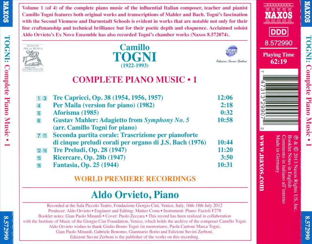 Aldo Orvieto Camillo Togni: Complete Piano Music, Vol. 1 New Cd