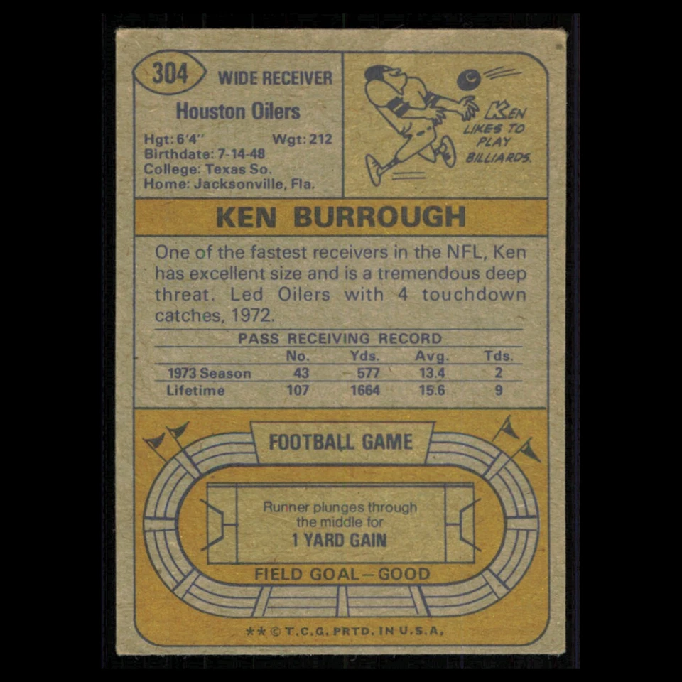Ken Burrough #304 1974 Topps Houston Oilers Football Card NFL NM - Image 2 of 3