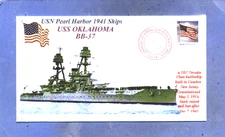 USS OKLAHOMA BB-37 WW II Pearl Harbor ColorPhoto Naval, Flag Pearl Handstamp PM