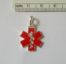 Sterling Silver 17x25 mm Bright Red Enamel Medical ID Alert Charm