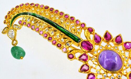22K Gold Plated Sterling Silver 925 Crystal Gems Sarpech Turban Jewel Mughal Pin - Picture 3 of 10