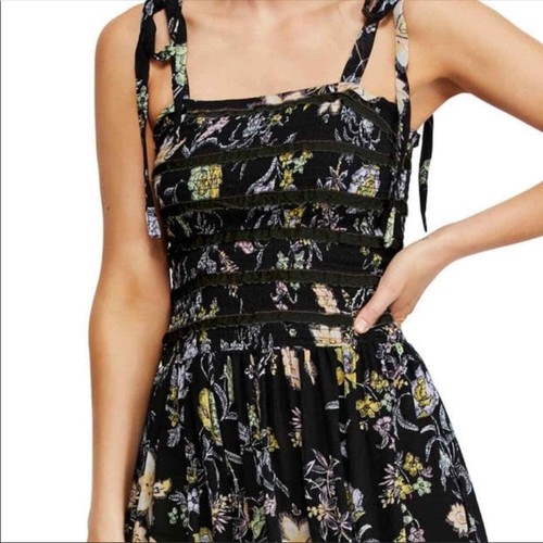 FREE PEOPLE Isla Black XS Floral Midi Smocked Dress NEW Tie Shoulder Revolve - Picture 6 of 10