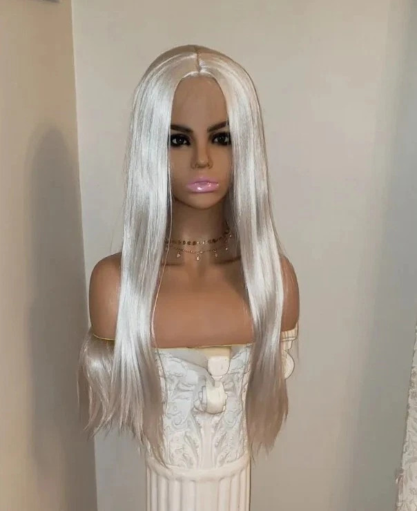 Peluca Rubia Platina Platina Plateada - Larga Recta Resistente al Calor Cabello Humano Mezcla Encaje Foto 3 de 4