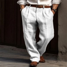Men's Linen Trousers Double Pleated Straight Business Casual Daily Holiday Pants
