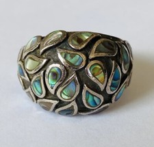 Vintage Signed Sterling Silver Abalone Paisley Dome Ring Size 8 10-grams