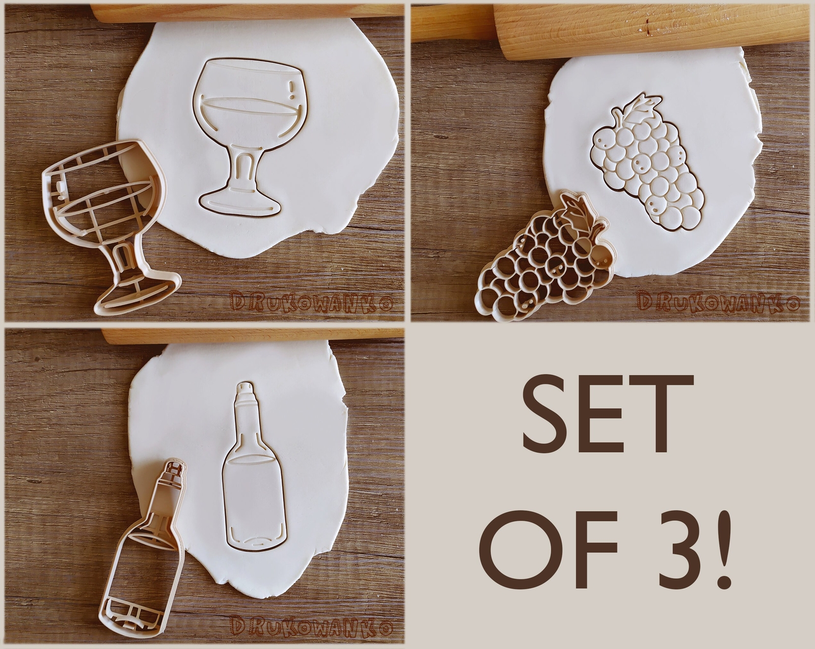 Set of 3 Wine Drink Grapes Glass Tonic Alcohol Fresh Sweet Food Cookie Cutter