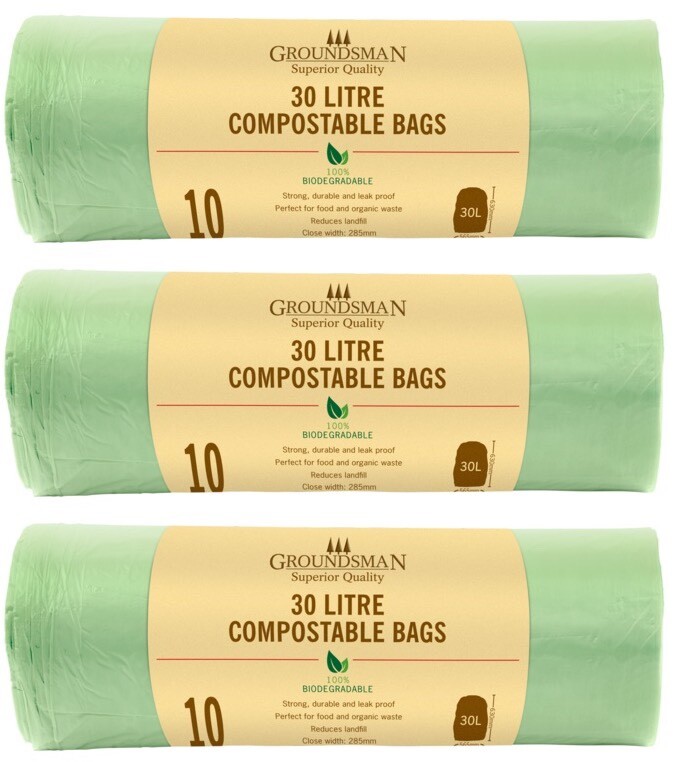 30x Groundsman Compostable Caddy Bin Liners Waste Bags Biodegradable Kitchen 30L