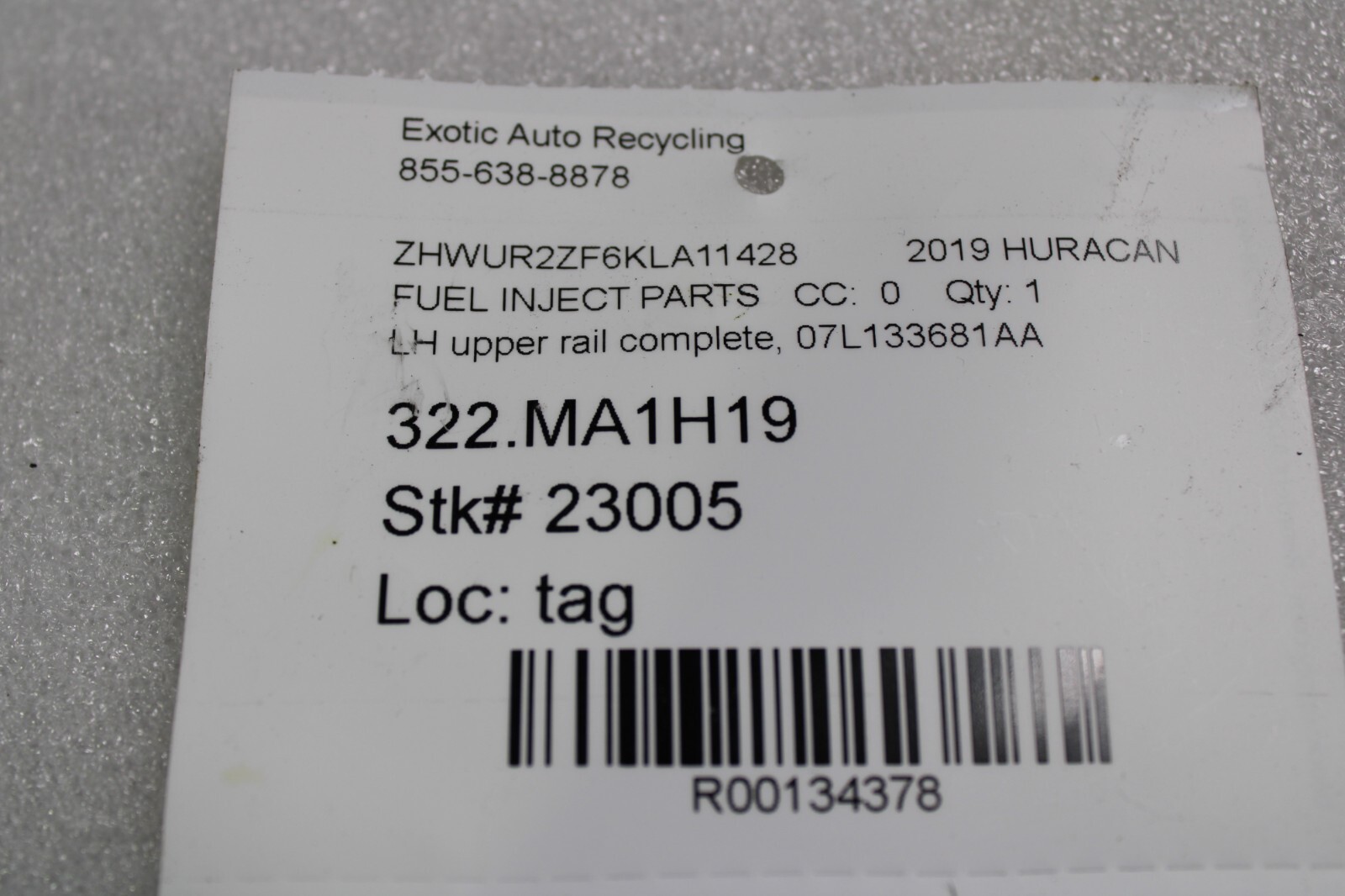 Lamborghini Huracan, LP610, 580, LH, Upper Fuel Rail, Used, P/N 07L133681AA
