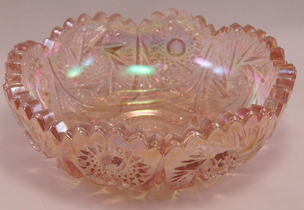 Imperial Glass Pink Carnival Glass Bowl Sawtooth Edge Iridescent