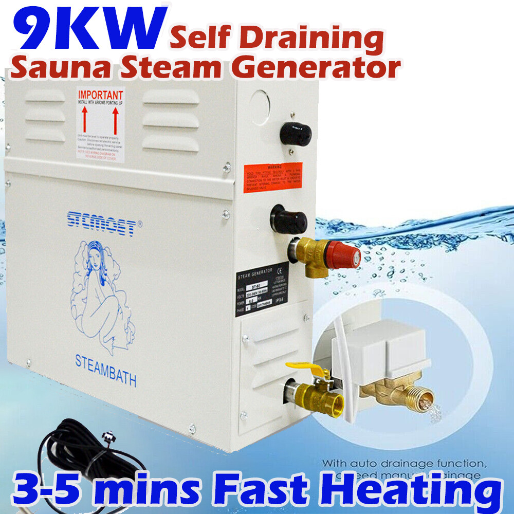 9KW LUXURY AUTO DRAIN STEAM GENERATOR BATH HOME SPA SAUNA SHOWER 5 YEAR WARRANTY