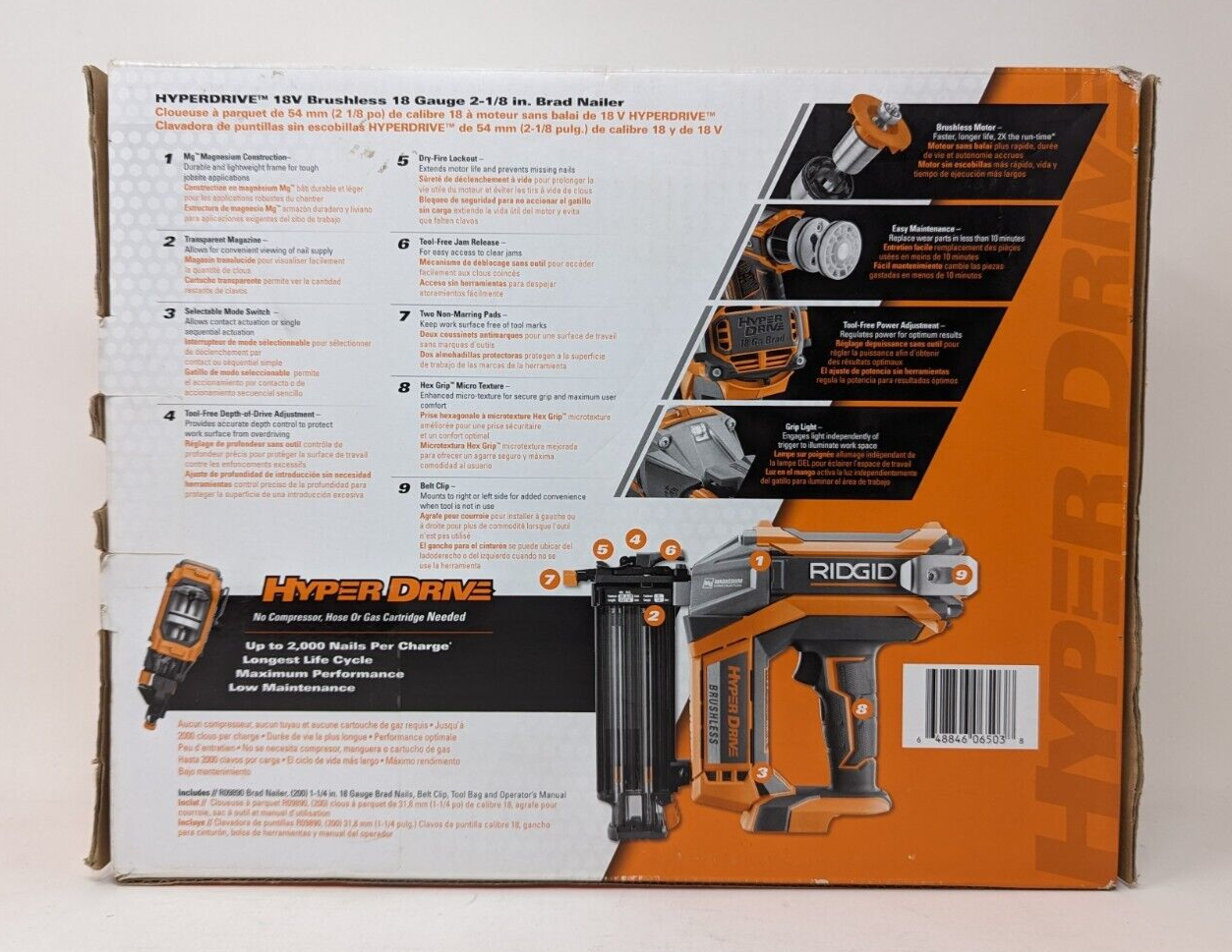 RIDGID R09890 18v 18GAUGE CORDLESS BRUSHLESS HYPERDRIVE BRAD NAILER