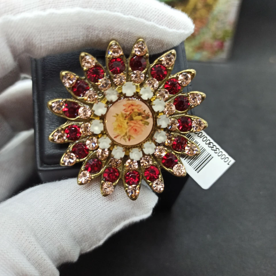 Michal Negrin Brooch Red Sunflower Rose Cameo & Swarovski Crystals Pin Gift New - Image 2 of 4
