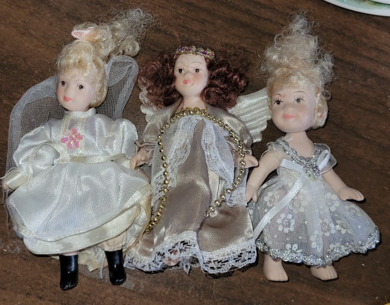 3 Small Vintage 5” Porcelain Doll Angel Moveable Arms Legs Lacey Dress Wings