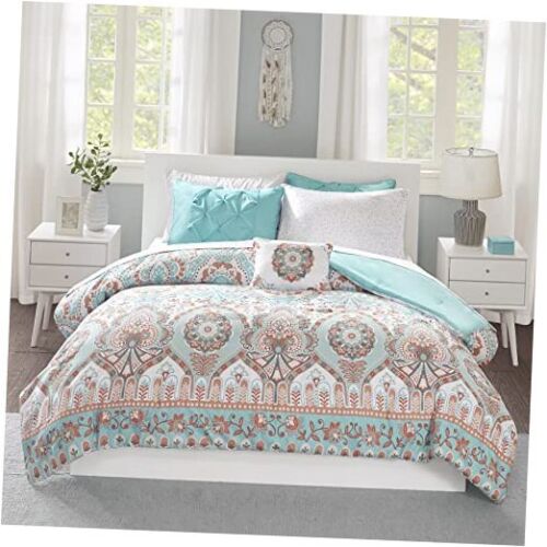 Complete Bed In A Bag Casual Boho Comforter with Sheet Set Queen Vinnie Aqua