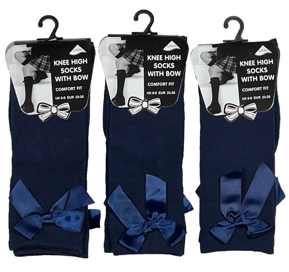 Girls Children's Kids Grey Knee High School Socks With Satin Bow Sizes