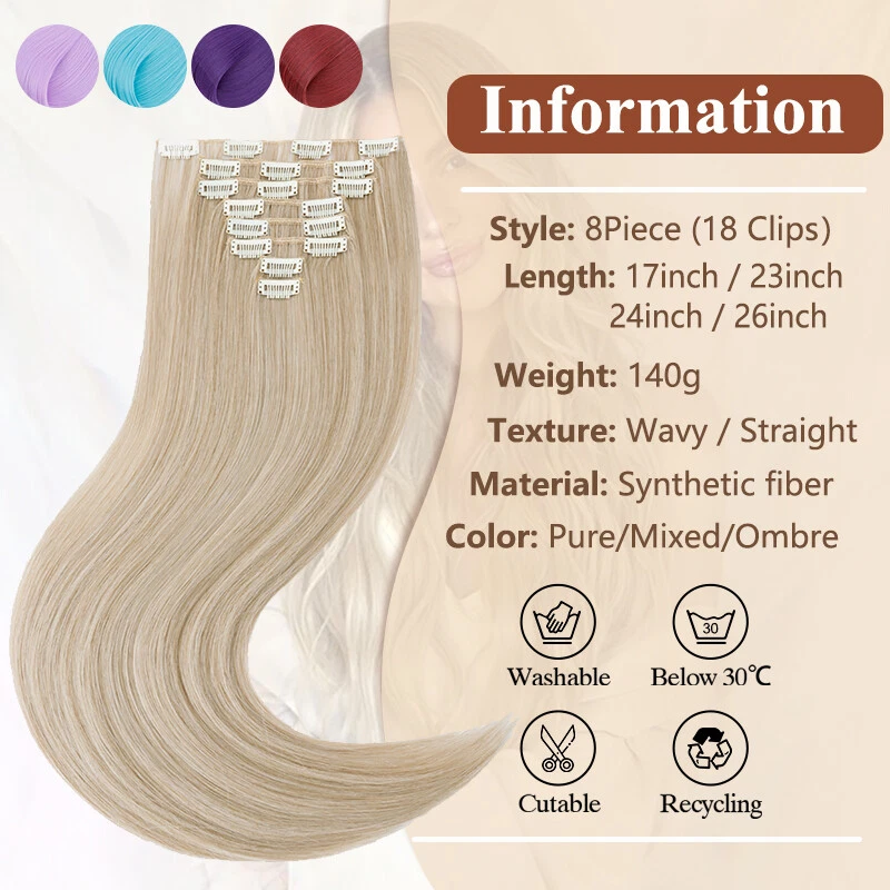 Extensiones de cabello sintéticas 100 % reales naturales como humanos 8 piezas clip de cabeza completa Foto 4 de 4