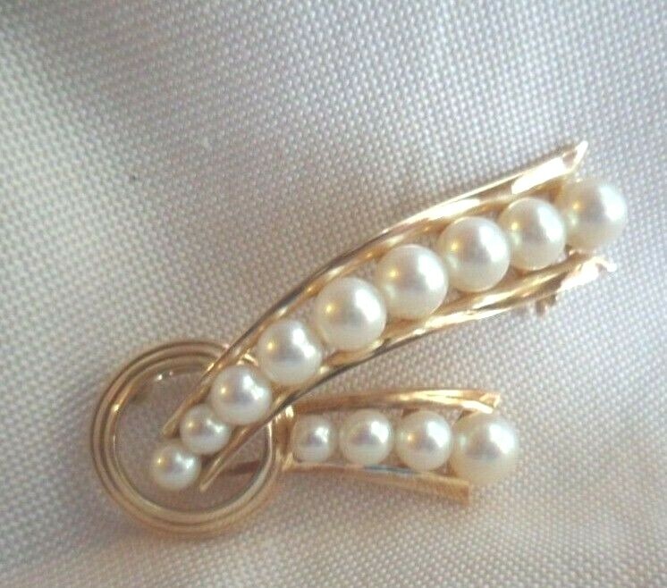 MIKIMOTO VINTAGE JEWELRY SOLID GOLD PEARL BROOCH PIN 13 LUCKY
