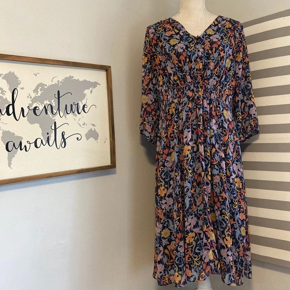Christopher u0026amp; Banks Petite Blue Multicolor Floral Lightweight Midi Dress  Size PL | eBay