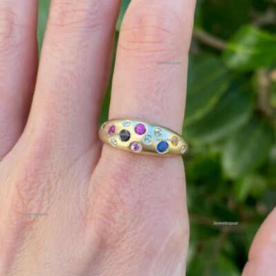 Natural Rainbow Sapphire Diamond Flush Set Dome Band Ring 14k Gold Band  Ring