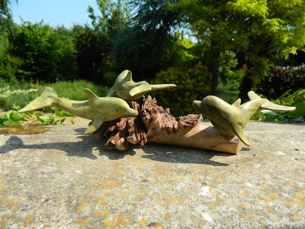 Wooden Dolphin Carving - 3 Hand Carved Hibiscus Dolphins on Parasite Wood
