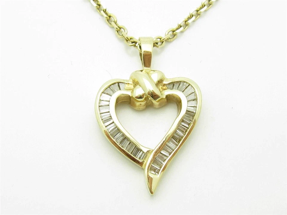 14kt Yellow Gold Genuine White Diamond Open Heart Halo Design Baguette Necklace