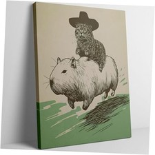 Funny Cowboy Cat Canvas Wall Art Quirky Cat Riding 16L"x12W" Cowboy-Cat