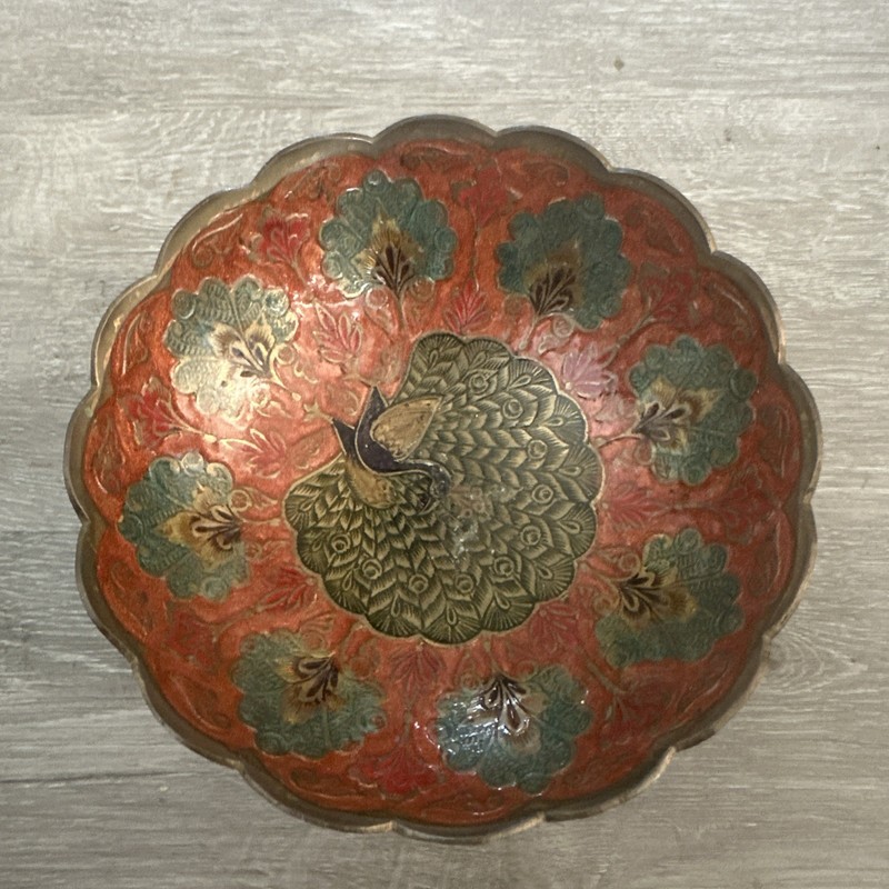 Vintage 6” Brass Enamel Teal Orange Green Painted, Peacock, Indian Bowl