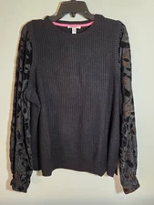 Isaac Mizrahi Live 1X Sweater Burnout Velvet Sleeves Black Shimmer Ribbed 9708