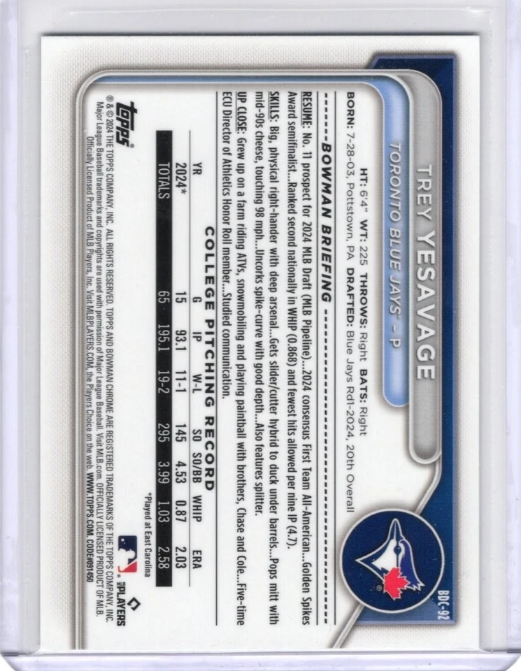 2024 Bowman Chrome Trey Yesavage #BDC-92 Toronto Blue Jays Rookie Card - Image 2 of 2
