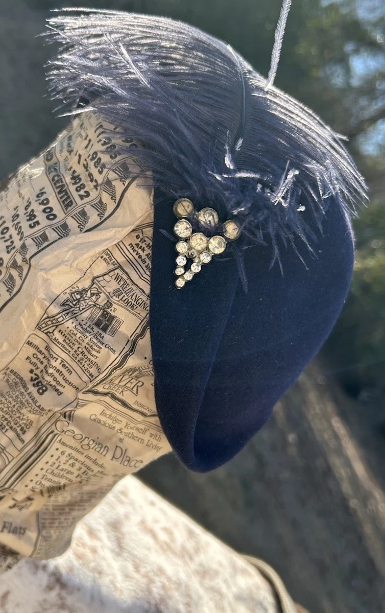 FASCINATING 1950S\' NAVY VELVET COCKTAIL CAP WITH MATCHING CURLY FEATHERS/PEARLS il_fullxfull.6912779637_d9fb.jpg main image 2