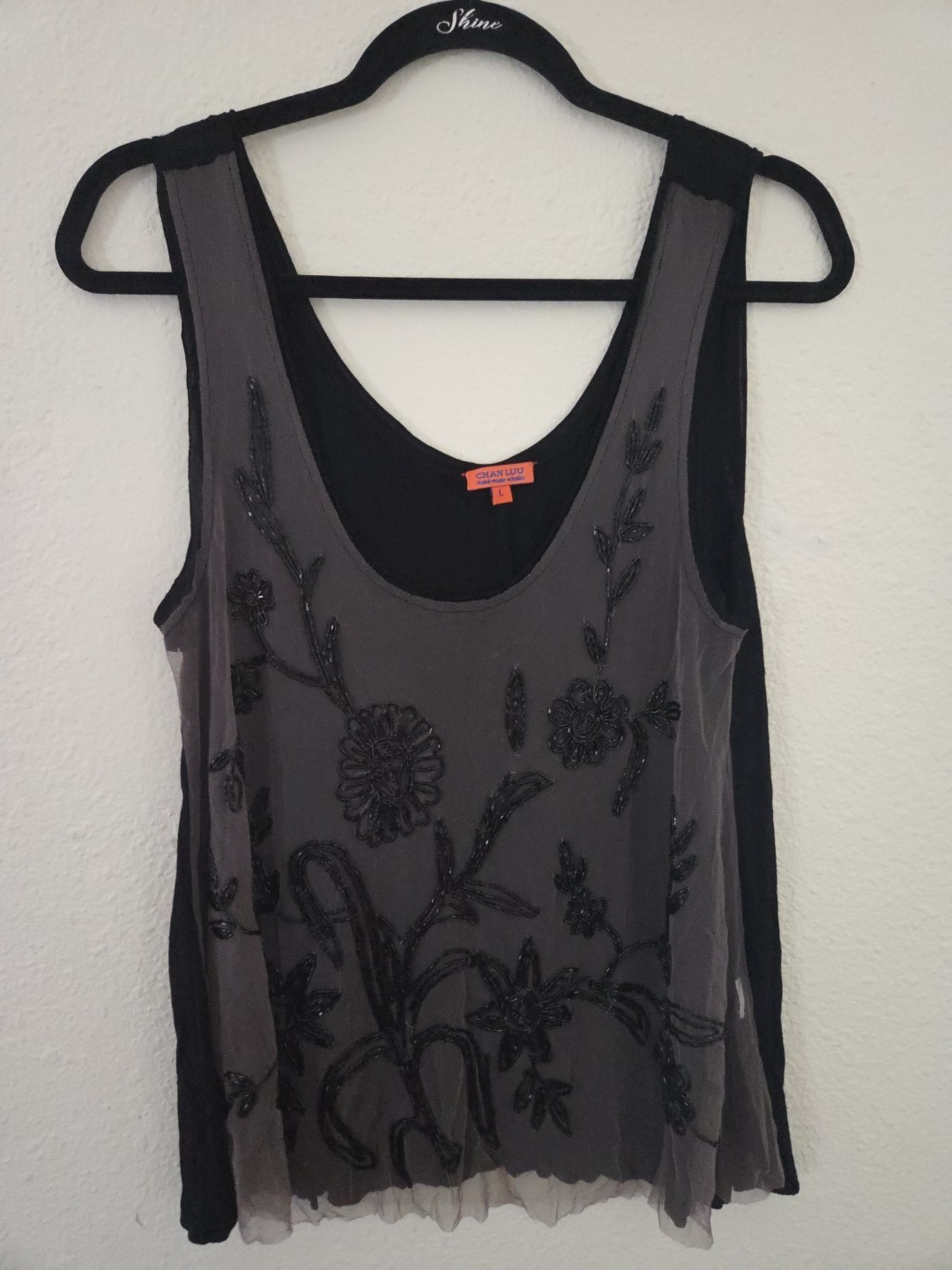 Womens Chan Luu Black Floral Beaded Mesh Overlay Tank Top Sz L