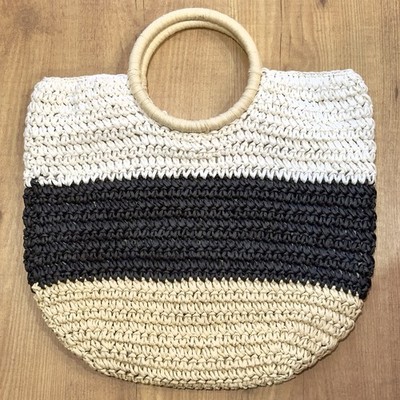Talbots Paper Straw Bag White Black Tan Colors Circle Double Handles Beach Vibe