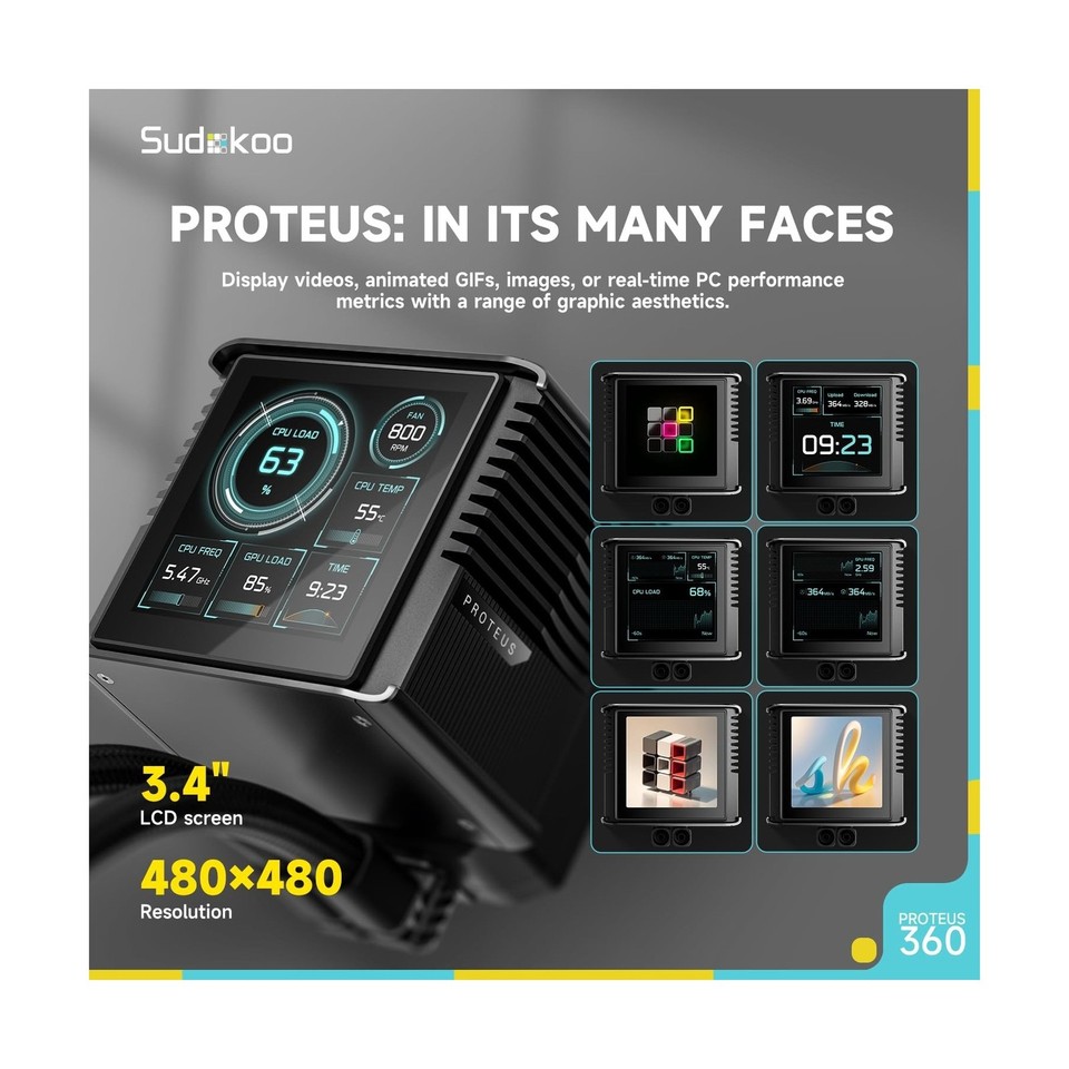 PROTEUS 360 AIO CPU Wasserkühlung – Mit 3,4" LCD Display, 360mm, 30mm Lüfter, Für Intel & AMD