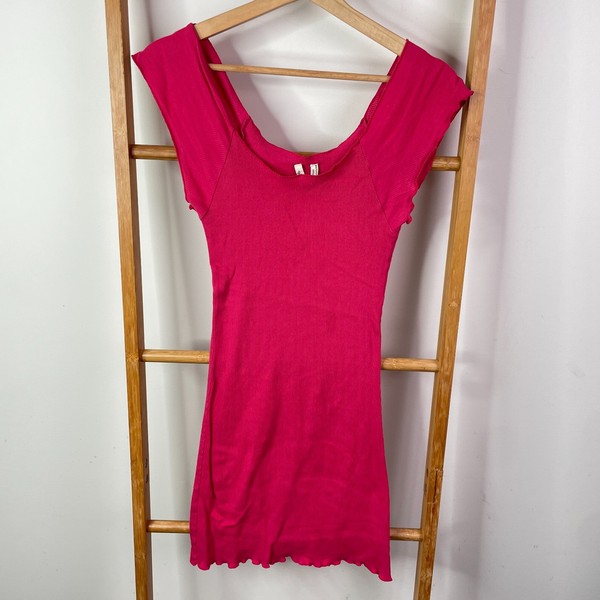 Free People Mini Dress Womens Medium Pink Rib Knit Cap Sleeve Scoop Neck Casual