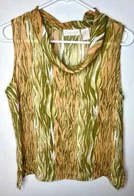 Vintage Caviar Cowl Neck Sleeveless Top Orange Olive Abstract Print Medium