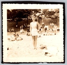 Vtg B W Snapshot Pretty Woman In White Swimsuit Standing On Sunny Beach 1940s
