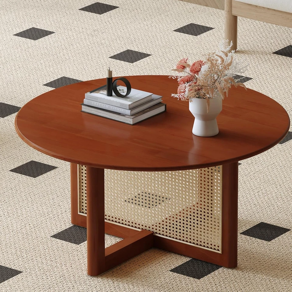 Mesa de centro roja de madera maciza - Diseño retro moderno con patas redondas resistentes Foto 2 de 4