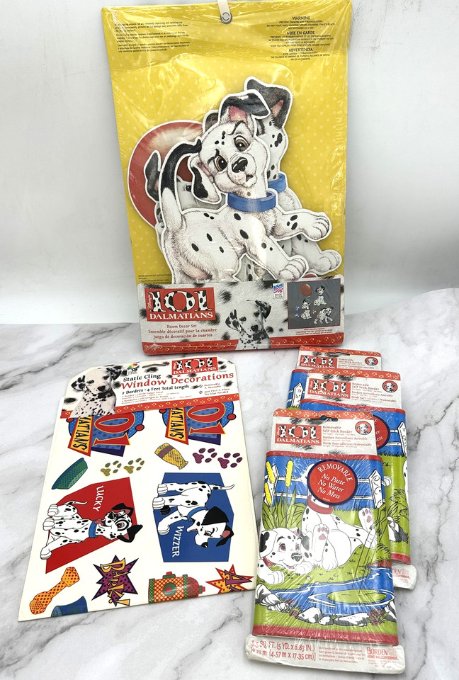 A genuine vintage 101 Dalmatians room decor lot — wall borders, window clings — straight from the classic Disney era, perfect for a nostalgia-soaked kids' room or collector's den.