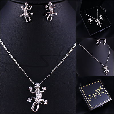 Schmuck-Set Kette Ohrstecker *Gecko* Silber, im Etui, Geschenk Muttertag