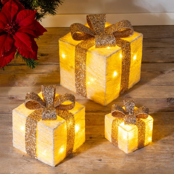 Led Geschenk Boxen 3Er Set - Creme - Weihnachten Deko Beleuchtung Timer Batterie-image