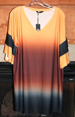 XL NWT Women's Lily Coral,  Rust & Black Ombre V-Neck Tunic Layered Look Sleeves