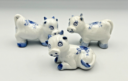 Vintage White & Blue Delft Floral Ceramic Cows Set - Picture 2 of 20