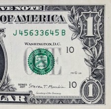 1 One Dollar Bill Fancy Serial Number Four Pairs Quad Doubles J45633645B