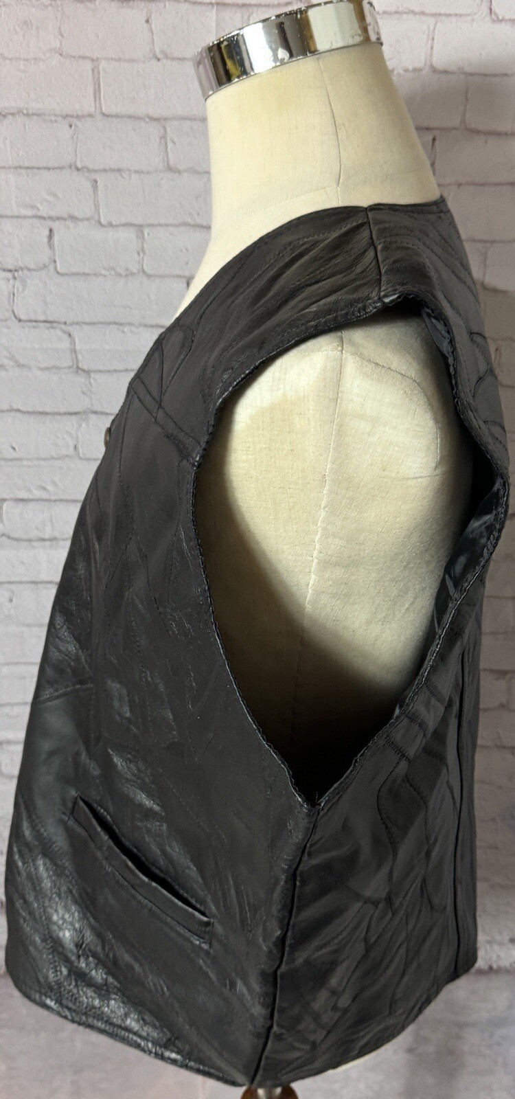 Black Patchwork V Cut Snap Button Leather Vest Mo… - image 2