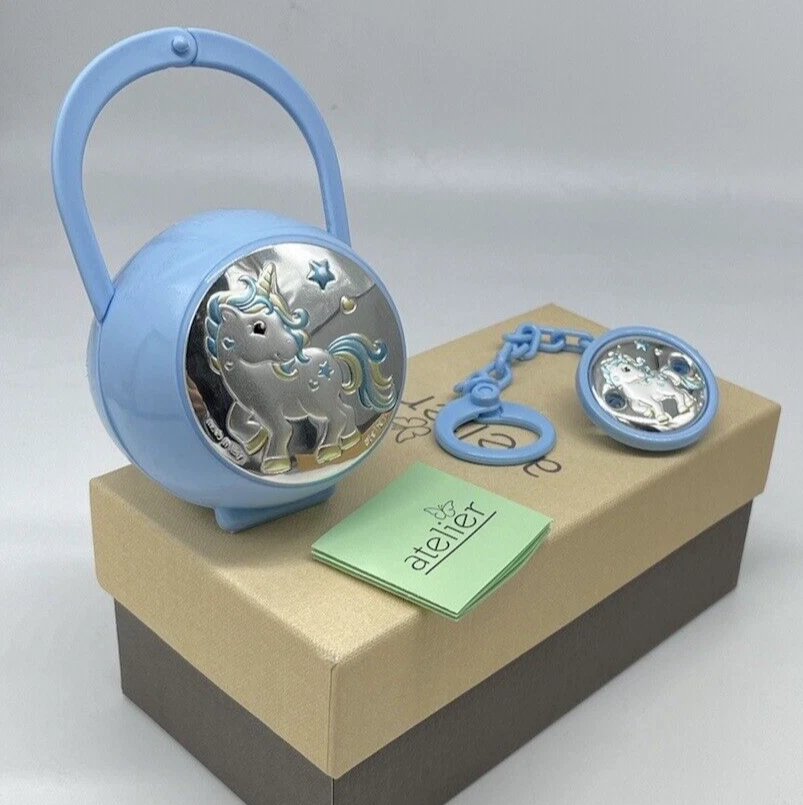 Set Spilla+Portaciuccio cavalluccio marino azzurro bimbo bebè in argento firmato - Immagine 2 di 4