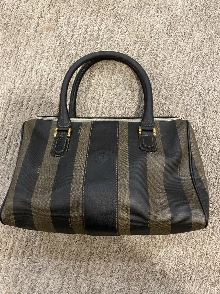 Vintage FENDI black and grey pecan stripe bag with brown leather