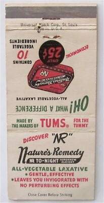 NATURES REMEDY 25c TABLETS BOX TODAY, TUMS FOR THE TUMMY VINTAGE MATCHBOOK COVER