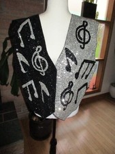 Jc Womens Vest Black Silver Sequin Front Music Symbols Snap Close Lined Size Xxl
