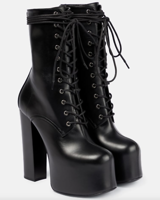 NIB Saint Laurent YSL Mina Cherry Black Lace Up Platform Boots Sz